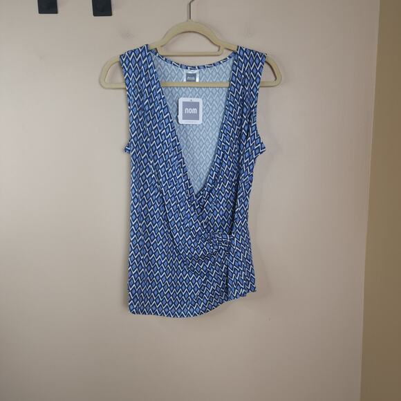 Nom Collection Blue Geo Wrap Sleeveless Blouse in Blue Print Maternity Size L - Picture 1 of 8